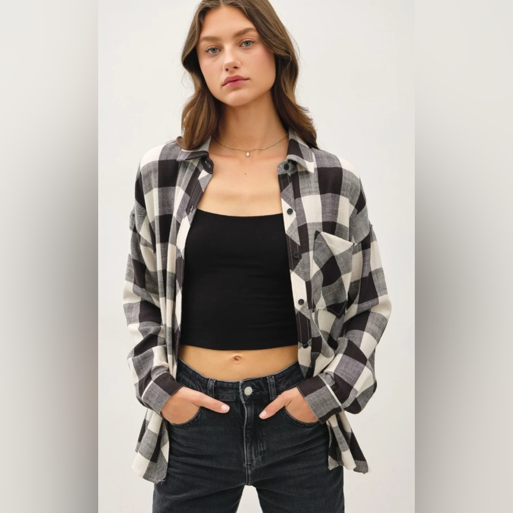 Madewell Oversized Boyfriend Flannel Top Black White Buffalo Plaid Size Small - Picture 6 of 11